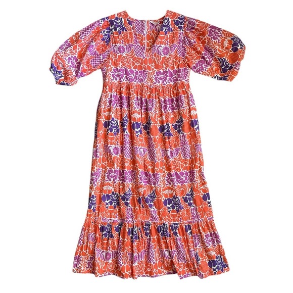 Dresses & Skirts - Briton Court Orchid Colorful Orange Purple Floral Midi Dress Puff Sleeves Medium